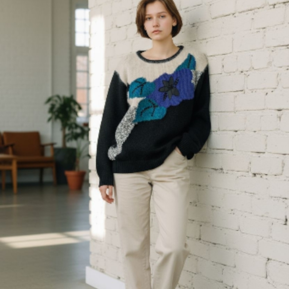 Vintage 80's Alison H. Blue & White Floral Sweater. Angora, Beading & applique.